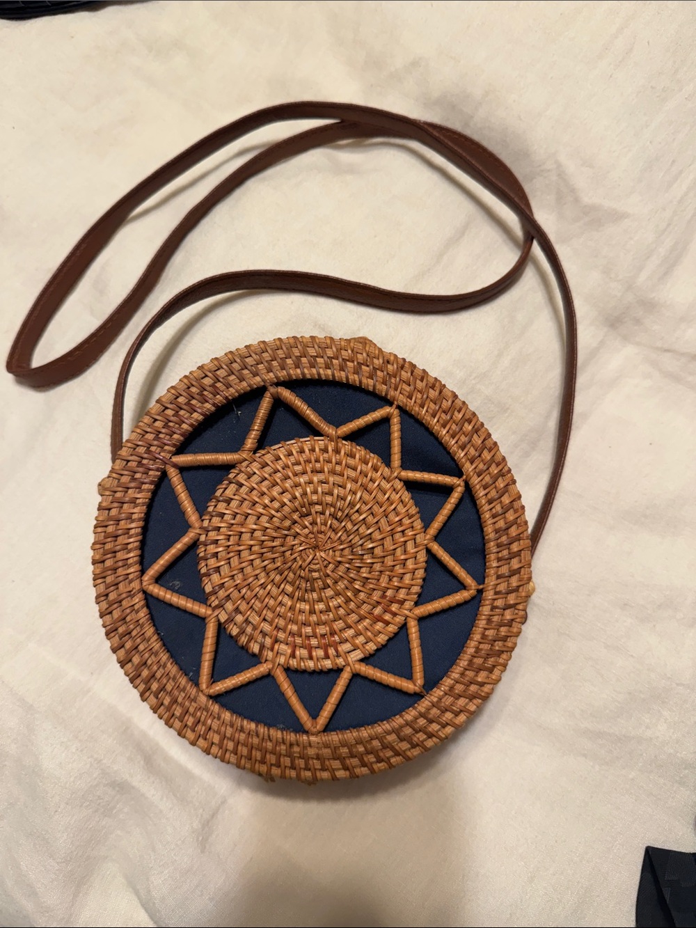 Woven Round Crossbody Bag in Brown and Navy